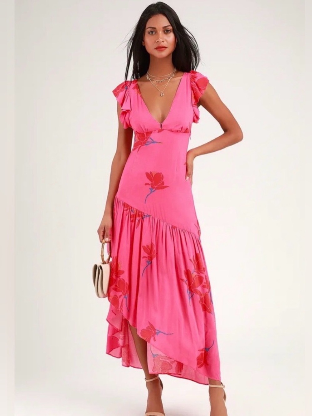 Free People - She’s a Waterfall - Size 6 
Bright Pink Floral V-Neck Maxi Dress - Picture 9 of 9